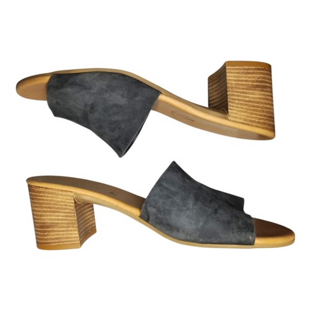Mila Paoli Slide Sandals Womens US Size 8 Tan Navy Block Heel Comfort Slip On